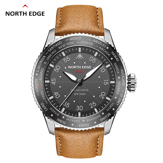 North Edge Quartz watch pilot solar watch with brown strap MACH