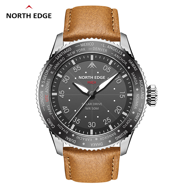 North Edge Quartz watch pilot solar watch with brown strap MACH