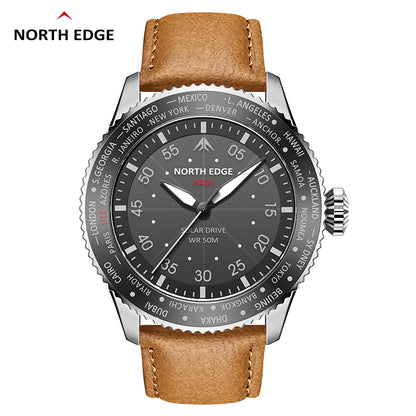North Edge Quartz watch pilot solar watch with brown strap MACH