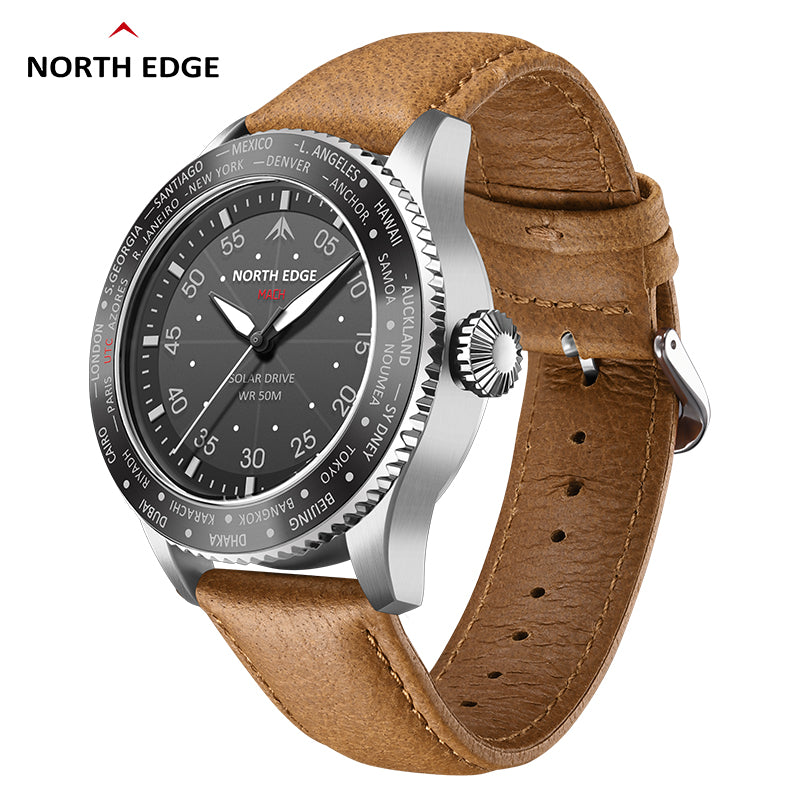 North Edge Quartz watch pilot solar watch with brown strap MACH