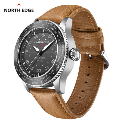 North Edge Quartz watch pilot solar watch with brown strap MACH