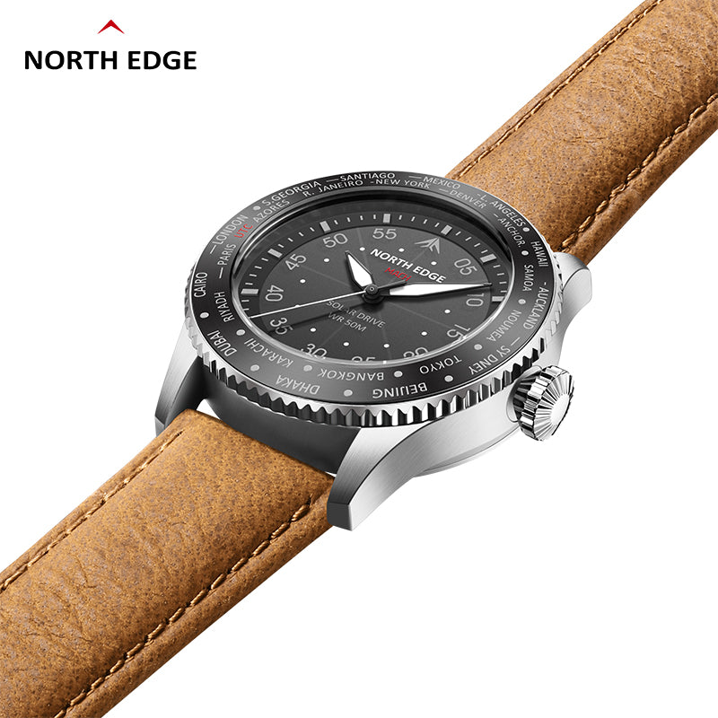 North Edge Quartz watch pilot solar watch with brown strap MACH