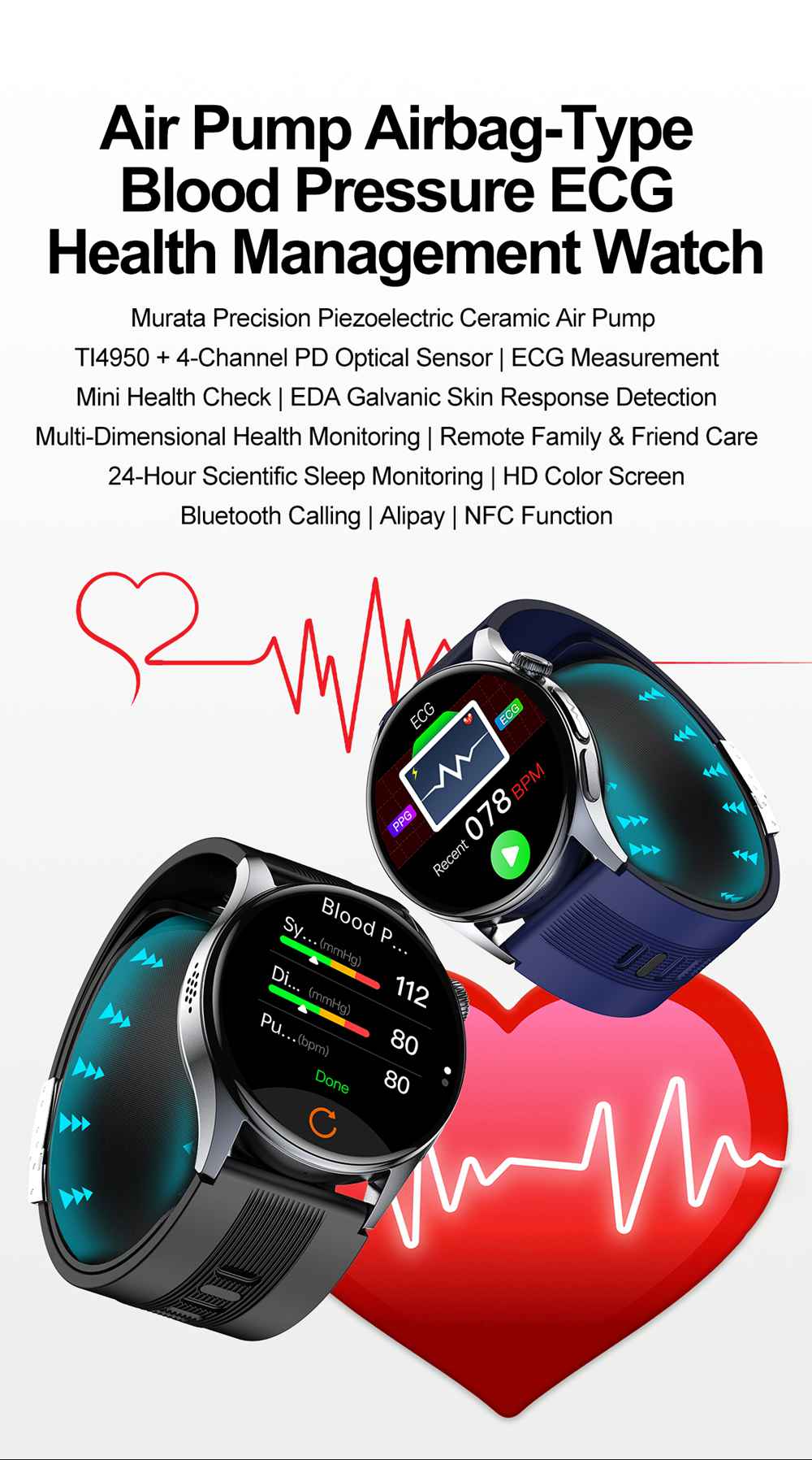 Smart watch blood pressure ECG monitoring Smart watch blood pressure ECG monitoring